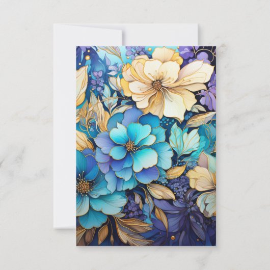 ティール（緑がかった色）、紫、および金ゴールドのフローラ結婚 出欠カード (裏面)