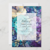 ティール（緑がかった色）、紫、および金ゴールドのフローラ結婚 招待状 (正面)