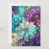 ティール（緑がかった色）、紫、および金ゴールドのフローラ結婚 招待状 (裏面)