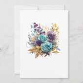 ティール(緑がかった色)、紫、および金ゴールドのフローラ結婚 招待状 (裏面)