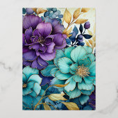 ティール(緑がかった色)、紫、および金ゴールドのフローラ結婚 箔招待状 (裏面)