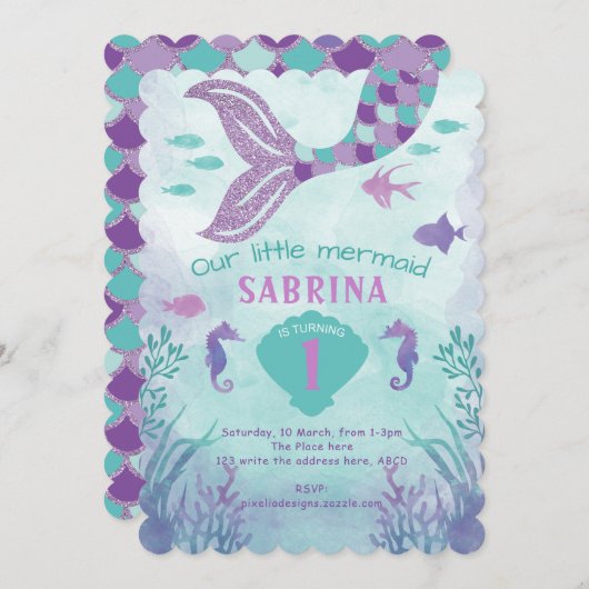 ティール（緑がかった色），紫，グリッター，人魚，女の子誕生日 招待状 (正面/裏面)