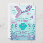 ティール（緑がかった色），紫，グリッター，人魚，女の子誕生日 招待状 (正面)