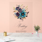 ティール（緑がかった色）、紫、金ゴールドのフローラ結婚の歓迎 アクリルサイン (ウェディング)