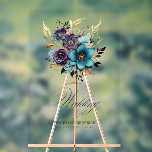 ティール（緑がかった色）、紫、金ゴールドのフローラ結婚の歓迎 アクリルサイン (ニュートラル)