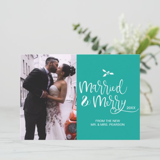 ティール（緑がかった色）結婚したとメリーの結婚写真クリスマス シーズンカード (スタンド正面)
