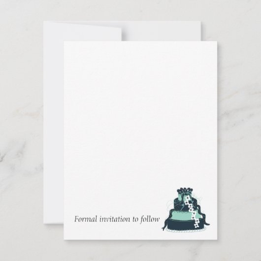 ティール(緑がかった色)結婚のケーキ日付を保存 セーブザデート (裏面)