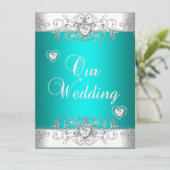 ティール(緑がかった色)結婚のシルバーホワイトダイヤモンドハート 招待状 (スタンド正面)