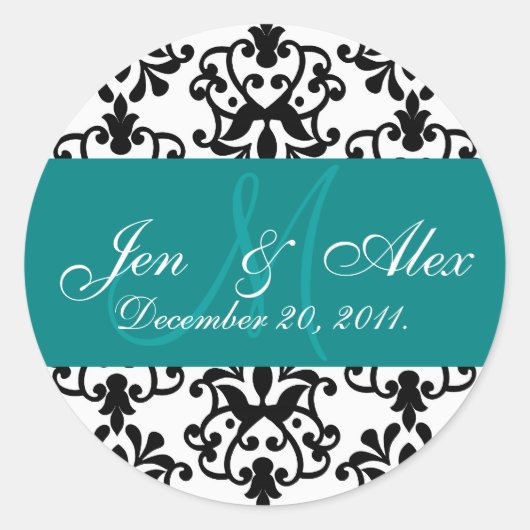 ティール(緑がかった色)結婚のモノグラム名日付ペイズリーシール ラウンドシール (正面)