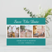 ティール(緑がかった色)結婚の写真コラージュ日付カードの保存 セーブザデート (スタンド正面)