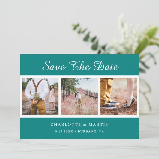 ティール（緑がかった色）結婚の写真コラージュ日付カードの保存 セーブザデート (スタンド正面)