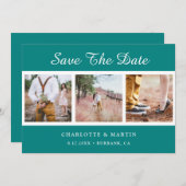 ティール(緑がかった色)結婚の写真コラージュ日付カードの保存 セーブザデート (正面/裏面)