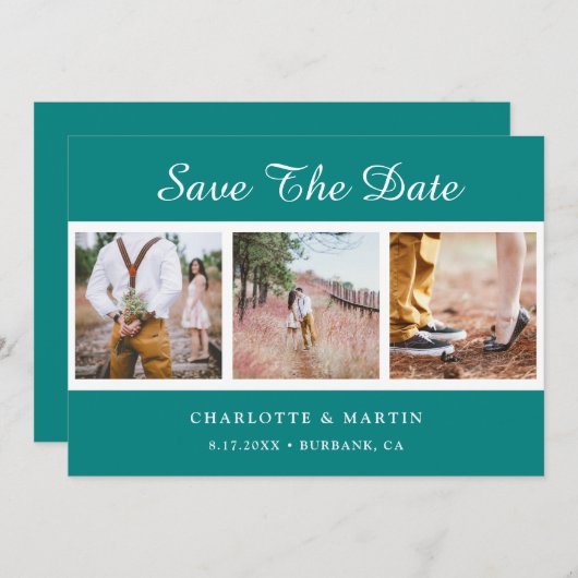 ティール（緑がかった色）結婚の写真コラージュ日付カードの保存 セーブザデート (正面/裏面)