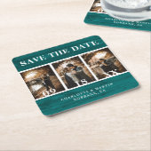 ティール（緑がかった色）結婚ウッドの写真Save The Date スクエアペーパーコースター (アングル)