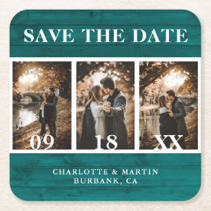 ティール（緑がかった色）結婚ウッドの写真Save The Date スクエアペーパーコースター