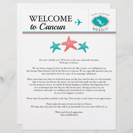 ティール（緑がかった色）結婚コーラルのメキシコ向け歓迎レター (正面/裏面)