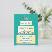 ティール(緑がかった色)結婚スターフィッシュのケーキ日付はがきを保存 案内ポストカード (スタンド正面)