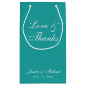 ティール(緑がかった色)結婚ズスクリプトラヴ&感謝していシンプルブルー スモールペーパーバッグ (裏面)
