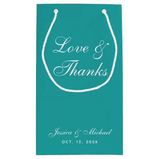 ティール(緑がかった色)結婚ズスクリプトラヴ&感謝していシンプルブルー スモールペーパーバッグ (裏面)