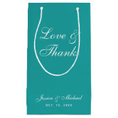 ティール(緑がかった色)結婚ズスクリプトラヴ&感謝していシンプルブルー スモールペーパーバッグ (正面)