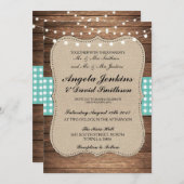 ティール（緑がかった色）結婚ズ素朴バーラップウッドライツバーン招待状 招待状 (正面/裏面)