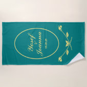 ティール(緑がかった色)結婚バラ ビーチタオル (正面)