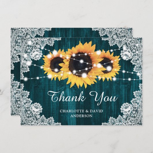 ティール（緑がかった色）結婚ヒマワリサンキューカード サンキューカード (正面/裏面)