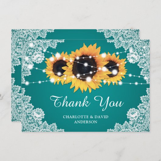 ティール（緑がかった色）結婚ヒマワリサンキューカード サンキューカード (正面/裏面)