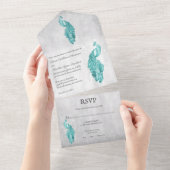 ティール(緑がかった色)結婚ピーコックの全招待状 オールインワン招待状 (貼ってはがせる)