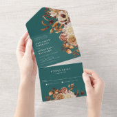 ティール(緑がかった色)結婚フローラの全招待状 オールインワン招待状 (貼ってはがせる)