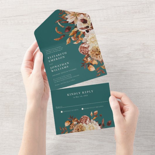 ティール(緑がかった色)結婚フローラの全招待状 オールインワン招待状 (貼ってはがせる)