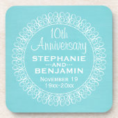 ティール（緑がかった色）結婚ブルーの背景を持つ記念日 コースター (正面)