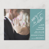 ティール(緑がかった色)結婚式の日付を保存する写真と書道 案内ポストカード (正面)
