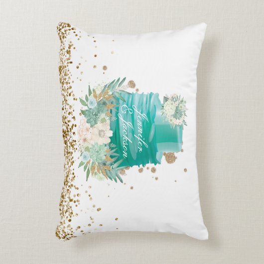 ティール（緑がかった色）結婚白金フェイク名前をカスタムする アクセントクッション (正面(垂直))
