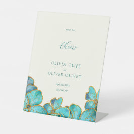 ティール（緑がかった色）結婚花のバー応援 台座サイン