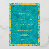 ティール（緑がかった色）結婚花 箔招待状 (正面)
