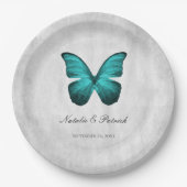ティール(緑がかった色)結婚蝶紙プレート ペーパープレート (正面)