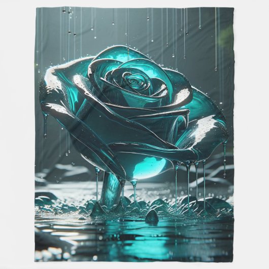 「ティール（緑がかった色）結晶バラ落雨滴」 フリースブランケット (正面)