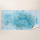 ティール（緑がかった色）絵を描とグリッターのパタパーソナライズされたーン ビーチタオル (正面)