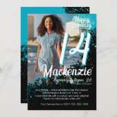 ティール（緑がかった色）絵を描（ばちゃばちゃ）跳ねる写真14番目の誕生日招待状 招待状 (正面/裏面)