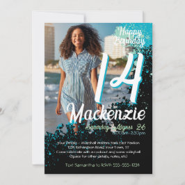 ティール（緑がかった色）絵を描（ばちゃばちゃ）跳ねる写真14番目の誕生日招待状 招待状