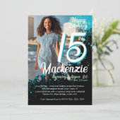 ティール（緑がかった色）絵を描（ばちゃばちゃ）跳ねる写真15th誕生日招待状 招待状 (スタンド正面)