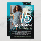 ティール（緑がかった色）絵を描（ばちゃばちゃ）跳ねる写真15th誕生日招待状 招待状 (正面/裏面)