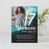 ティール（緑がかった色）絵を描（ばちゃばちゃ）跳ねる写真17番目の誕生日招待状 招待状 (スタンド正面)