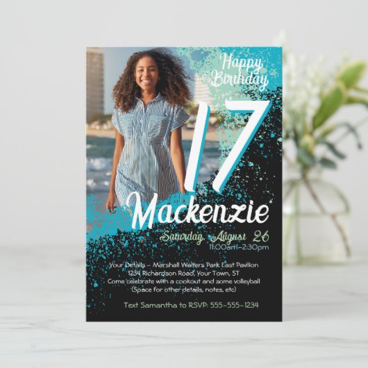 ティール（緑がかった色）絵を描（ばちゃばちゃ）跳ねる写真17番目の誕生日招待状 招待状 (スタンド正面)