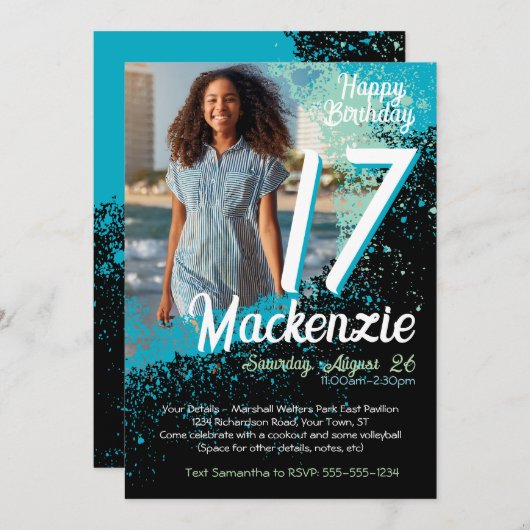 ティール(緑がかった色)絵を描(ばちゃばちゃ)跳ねる写真17番目の誕生日招待状 招待状 (正面/裏面)