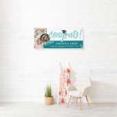 ティール（緑がかった色）緑と写真の重なり合うおめでとう卒業 横断幕 (インサイチュ)