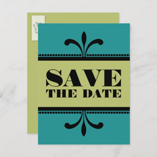ティール(緑がかった色)/緑のファンシーアールデコ日付ポストカードの保存 案内ポストカード (正面/裏面)