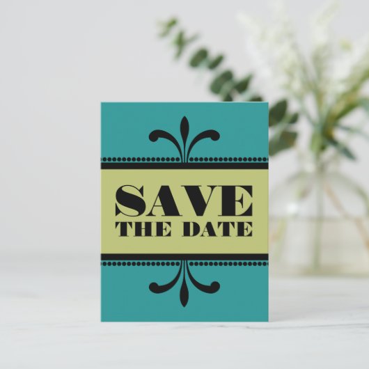 ティール(緑がかった色)/緑のファンシーアールデコ日付ポストカードの保存 案内ポストカード (スタンド正面)