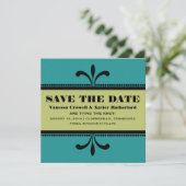 ティール(緑がかった色)/緑のファンシーアールデコ日付招待状の保存 セーブザデート (スタンド正面)
